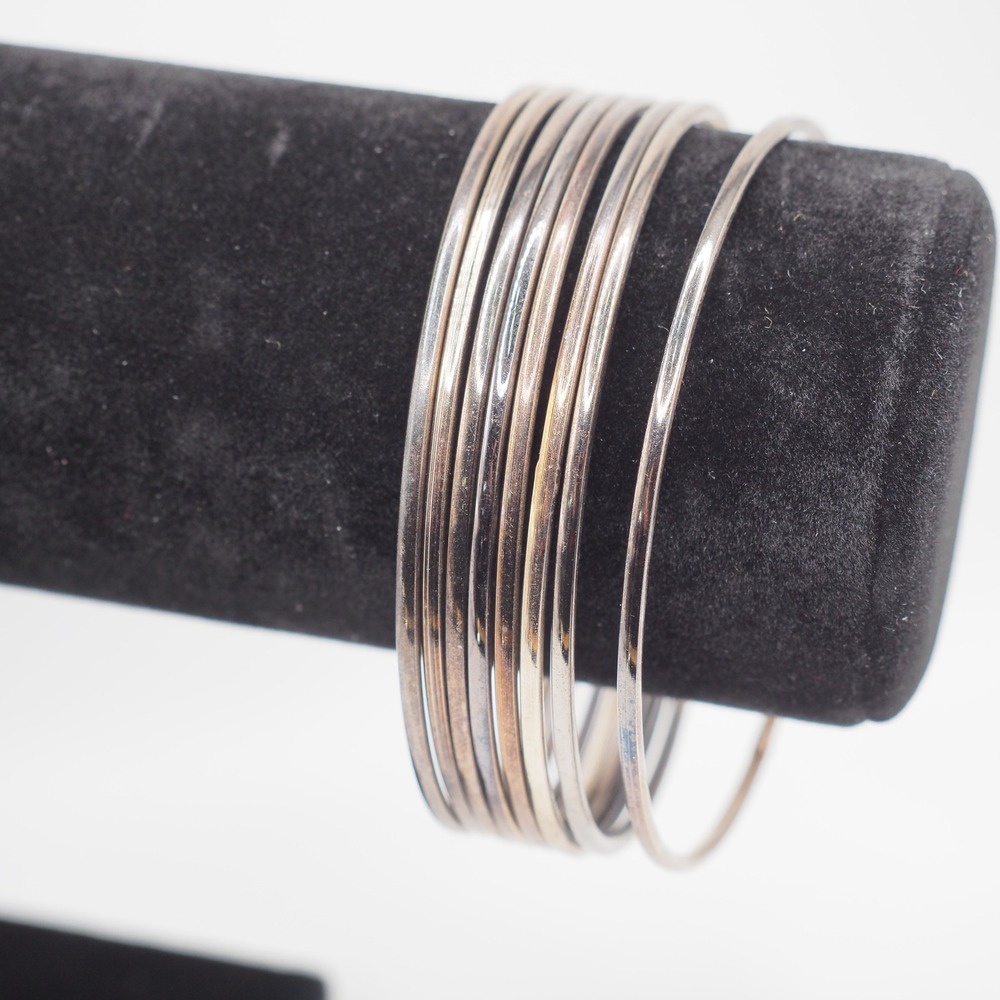 Vintage Bangle Bracelets Silver Gunmetal Tone Thin Stackable Set Layering Boho